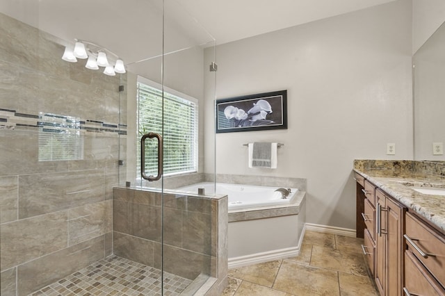 bathroom featuring vanity and plus walk in shower