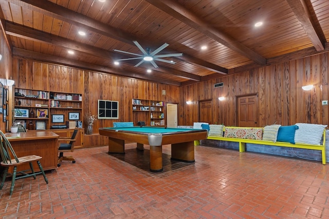 915 Evans Dr, Lufkin, TX 75904 - playroom with wooden walls, ceiling fan, pool table, a wooden ceiling with exposed beams, and an office area