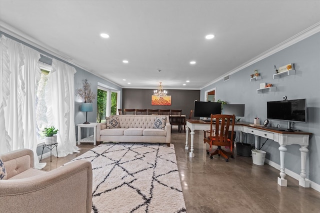 915 Evans Dr, Lufkin, TX 75904 - living room featuring recessed lighting, crown molding, a chandelier, an office area, and concrete flooring