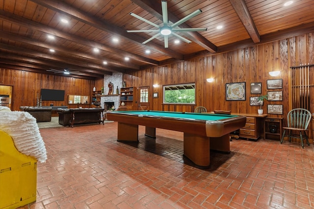 915 Evans Dr, Lufkin, TX 75904 - recreation room with wooden walls, pool table, ceiling fan, a wooden ceiling with exposed beams, and recessed lighting