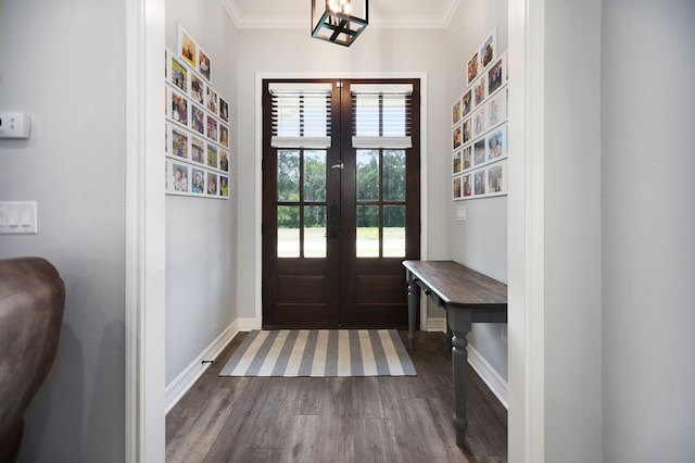 169 Shady Oaks Loop, Lufkin, TX 75904 - doorway to outside with french doors, dark wood-style flooring, crown molding, and a chandelier