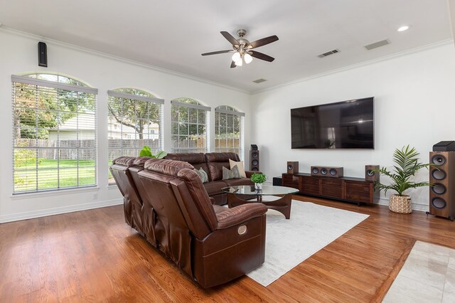 living room featuring ceiling fan, hardwood / wood-style flooring, and ornamental molding