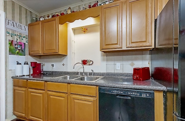 kitchen featuring decorative backsplash, sink, and black appliances