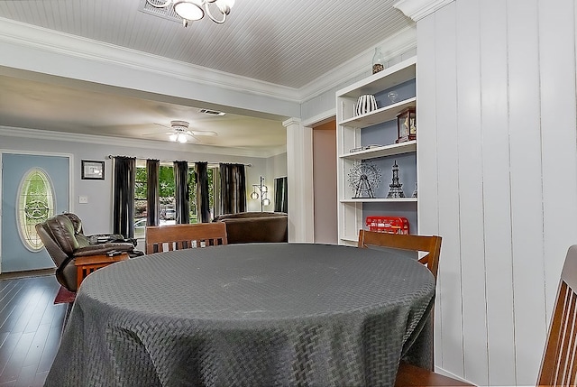 dining area with dark hardwood / wood-style flooring, ceiling fan, and ornamental molding