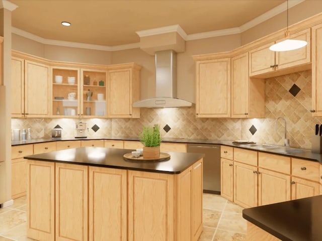 kitchen with dark countertops, dishwasher, light brown cabinetry, and wall chimney range hood
