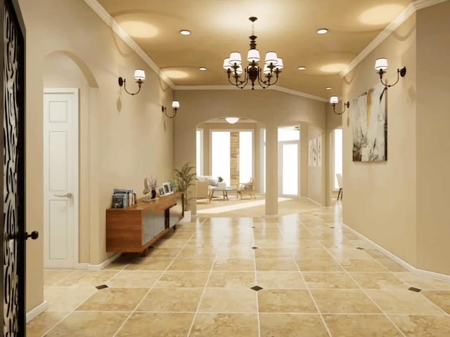 corridor featuring a notable chandelier, arched walkways, ornamental molding, and recessed lighting