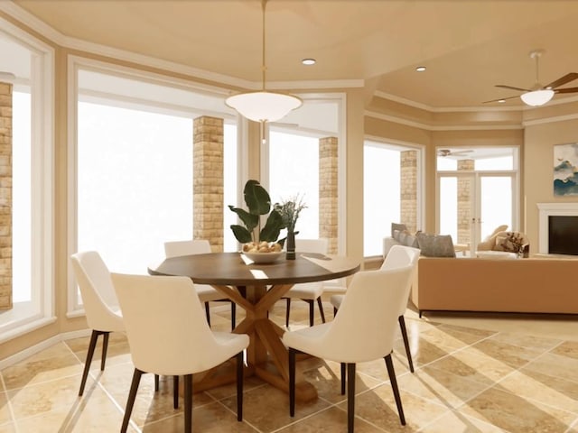 dining area with ceiling fan, light tile patterned floors, ornamental molding, and recessed lighting
