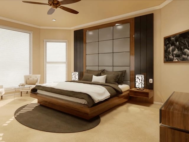 carpeted bedroom featuring a ceiling fan, baseboards, and crown molding
