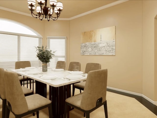 dining area with baseboards, dark wood-style floors, a chandelier, and ornamental molding