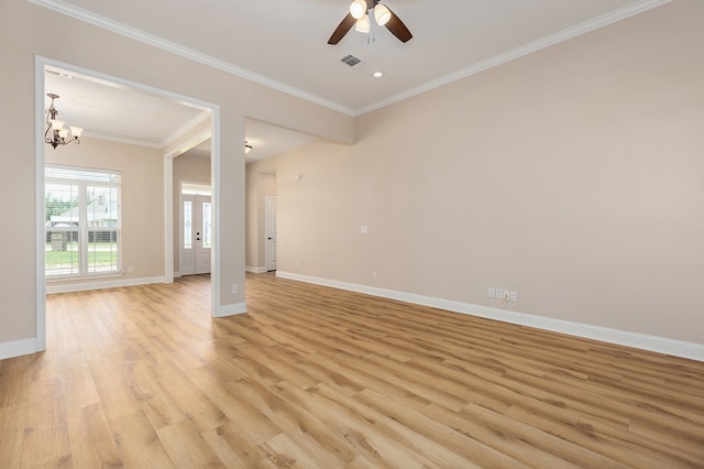 211 Rustic Pines Dr, Lufkin, TX 75904 - spare room with light wood-style flooring, a ceiling fan, a chandelier, ornamental molding, and recessed lighting