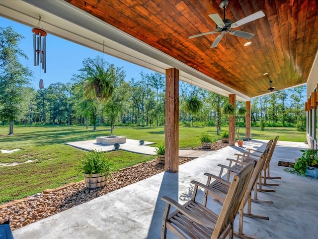 view of patio / terrace with ceiling fan and an outdoor fire pit