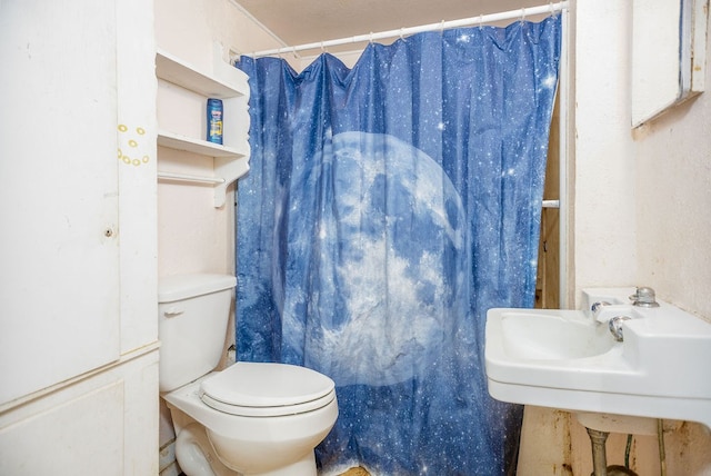 bathroom with toilet, a sink, and a shower with shower curtain