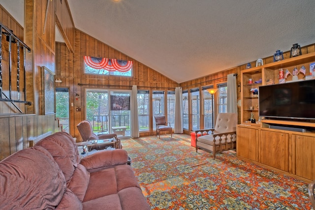 210 Cedar Rdg, Hemphill, TX 75948 - carpeted living area featuring high vaulted ceiling, wood walls, and a textured ceiling
