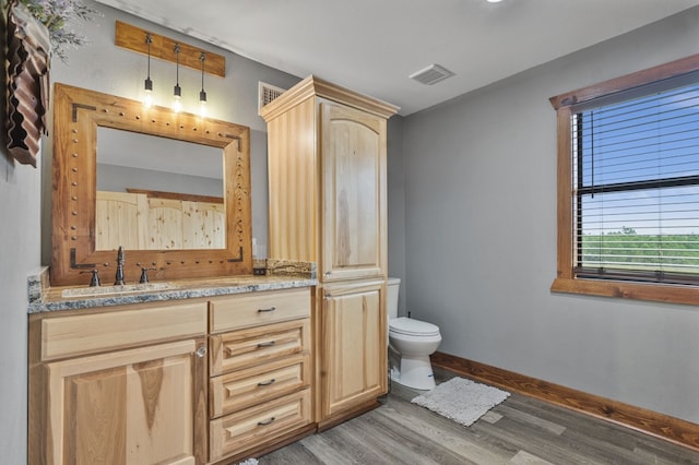 bathroom with hardwood / wood-style floors, vanity, and toilet