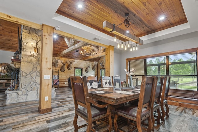 dining area featuring wood-type flooring, a tray ceiling, wood walls, and wood ceiling