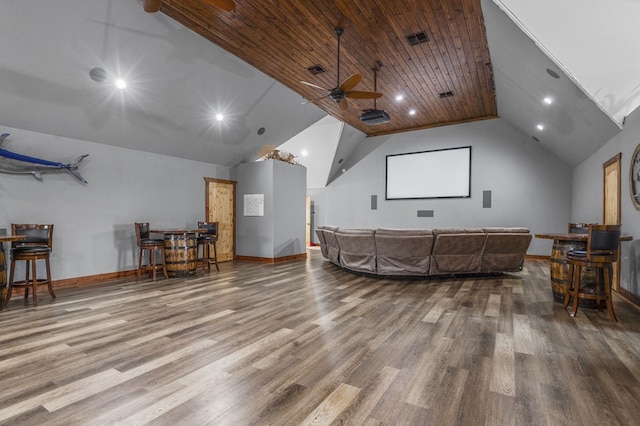 home theater room featuring ceiling fan, high vaulted ceiling, wood ceiling, and hardwood / wood-style flooring