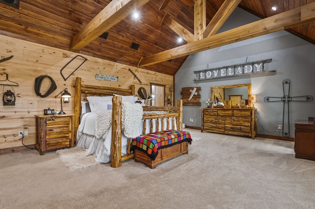 bedroom with beam ceiling, wood ceiling, carpet floors, and high vaulted ceiling