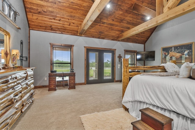 carpeted bedroom with vaulted ceiling with beams, wooden ceiling, access to outside, and french doors