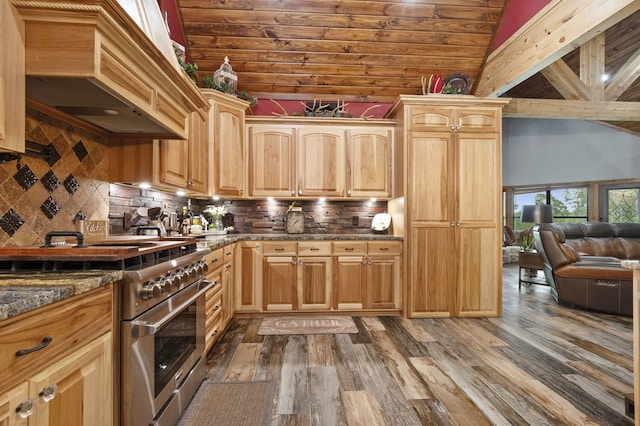 kitchen featuring light brown cabinetry, hardwood / wood-style flooring, high end stainless steel range, and custom exhaust hood