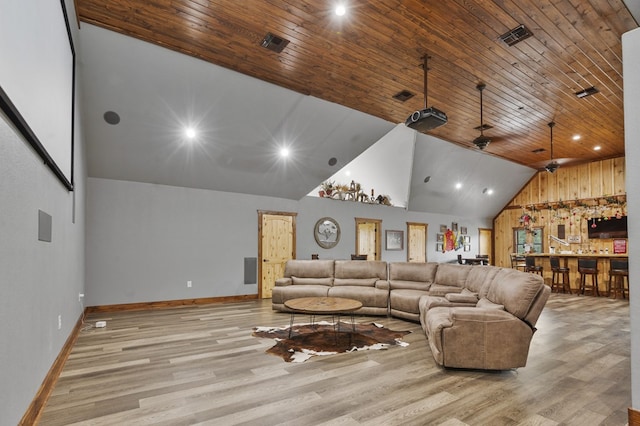 living room featuring ceiling fan, high vaulted ceiling, wood ceiling, and light hardwood / wood-style floors