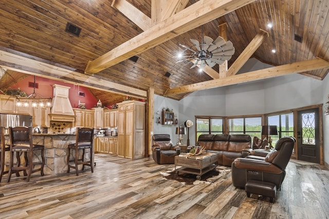 living room with hardwood / wood-style flooring, ceiling fan, wooden ceiling, and high vaulted ceiling