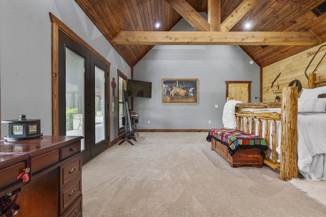 carpeted bedroom with access to outside, wooden ceiling, french doors, and lofted ceiling with beams