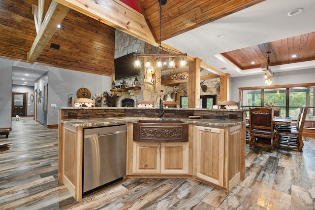 kitchen featuring wood ceiling, stainless steel dishwasher, decorative light fixtures, and hardwood / wood-style flooring