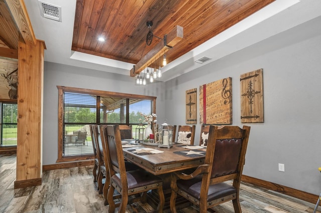 dining room with hardwood / wood-style flooring, wooden ceiling, and a tray ceiling