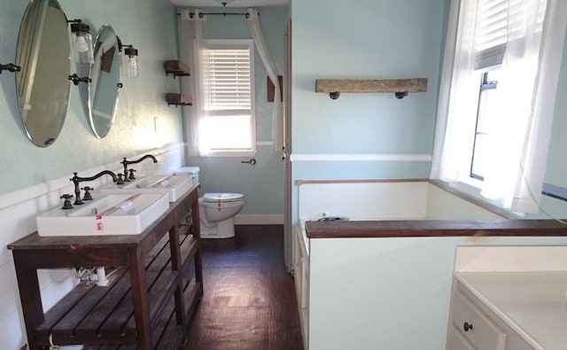 bathroom with hardwood / wood-style floors, vanity, and toilet