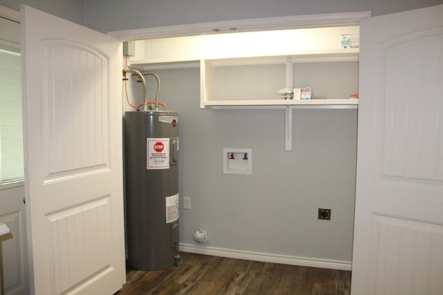 clothes washing area featuring electric dryer hookup, electric water heater, hookup for a washing machine, and dark wood-type flooring