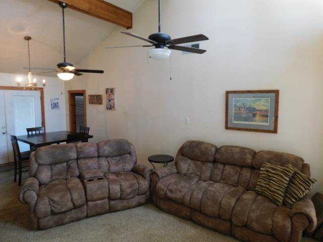 living room with carpet, ceiling fan, beam ceiling, and high vaulted ceiling