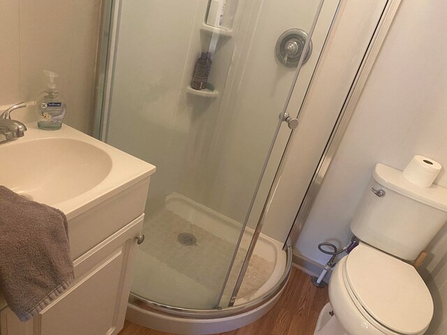 bathroom with wood-type flooring, vanity, toilet, and a shower with door