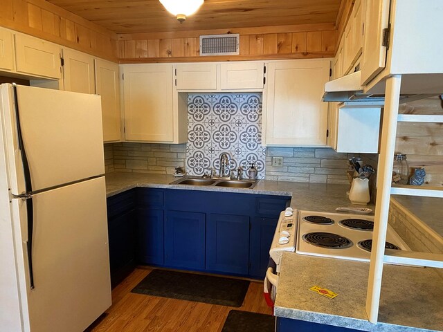 kitchen featuring decorative backsplash, light wood-type flooring, white appliances, sink, and wooden ceiling