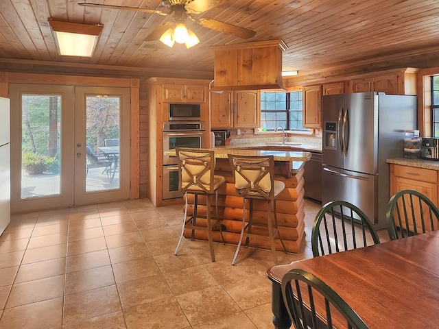 kitchen featuring a center island, french doors, appliances with stainless steel finishes, wood ceiling, and a sink