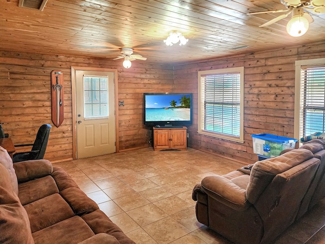 living room featuring light tile patterned floors, visible vents, wooden ceiling, and a ceiling fan