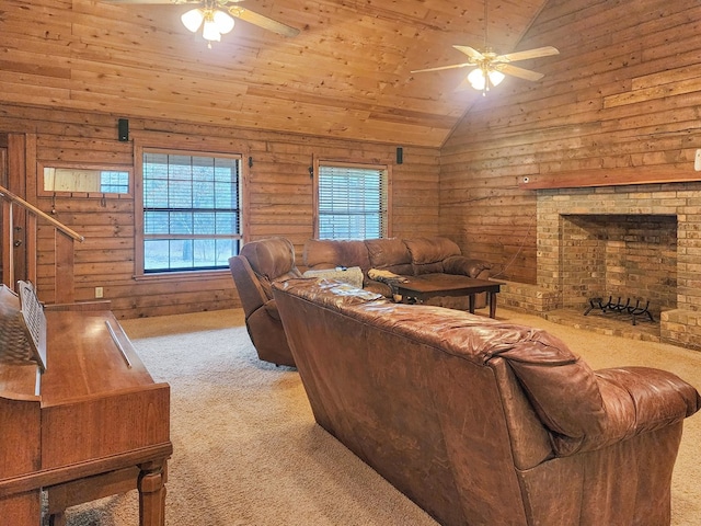 carpeted living area with lofted ceiling, a brick fireplace, wooden ceiling, and a ceiling fan