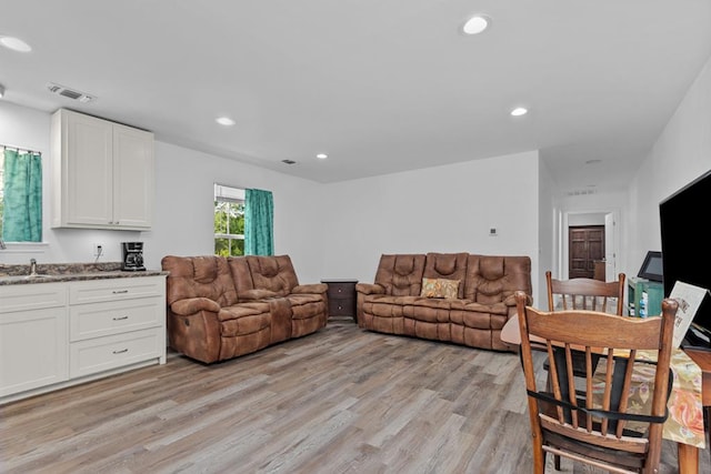 living room featuring sink and light hardwood / wood-style floors