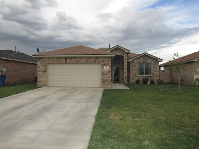 ranch-style house featuring a garage and a front yard