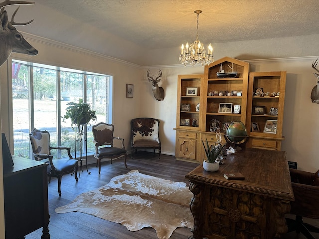 office space featuring ornamental molding, dark hardwood / wood-style floors, a textured ceiling, and a notable chandelier