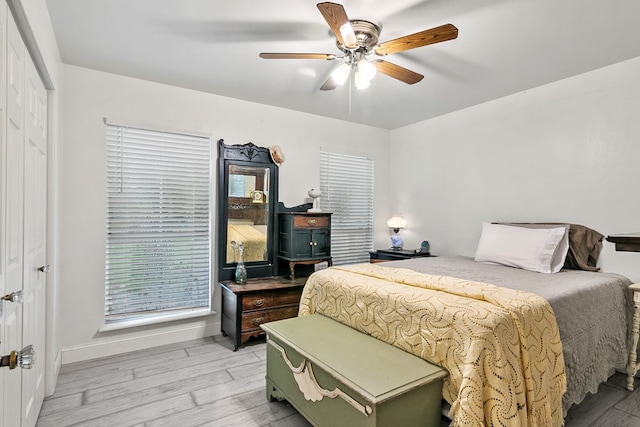 bedroom featuring light hardwood / wood-style flooring, a closet, and ceiling fan