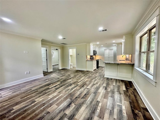 unfurnished living room featuring ornamental molding, dark wood-type flooring, and sink