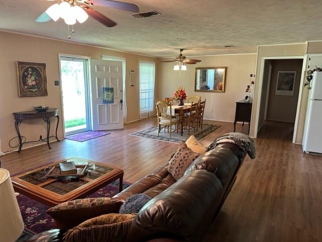 living room featuring hardwood / wood-style floors, ceiling fan, and a textured ceiling