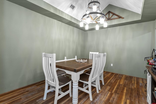 dining area with dark wood-type flooring and a notable chandelier