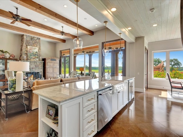 1811 Caspers Cv, Lufkin, TX 75904 - kitchen with stainless steel dishwasher, ceiling fan, recessed lighting, healthy amount of natural light, and white cabinets