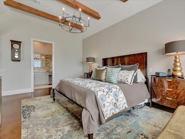 bedroom featuring ensuite bathroom, beamed ceiling, and an inviting chandelier