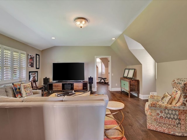 living room featuring recessed lighting, baseboards, lofted ceiling, and dark wood-style floors