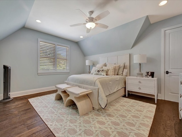 bedroom featuring vaulted ceiling, ceiling fan, and dark wood-type flooring