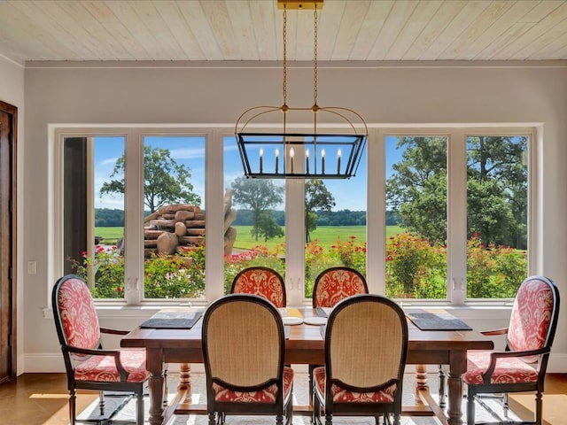 dining space featuring a rural view, wood ceiling, and a chandelier