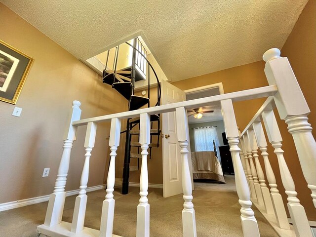 670 Cedar Crest Cir, Hemphill, TX 75948 - stairs featuring carpet floors, a textured ceiling, and a ceiling fan