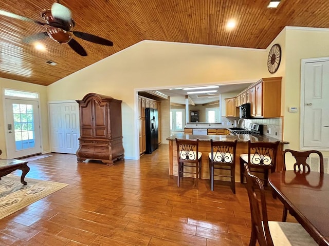 670 Cedar Crest Cir, Hemphill, TX 75948 - kitchen with black appliances, a peninsula, healthy amount of natural light, lofted ceiling, and ceiling fan